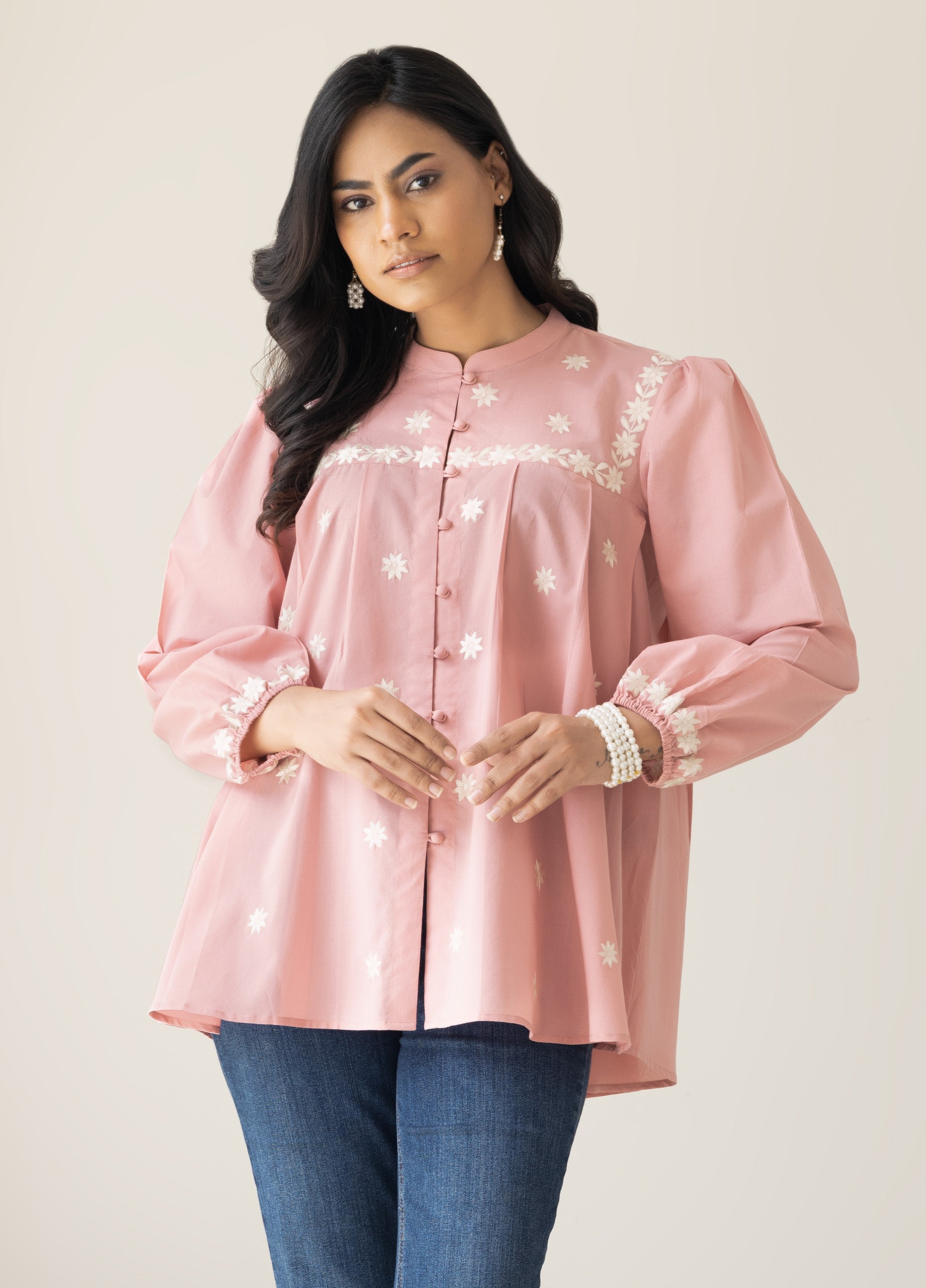 Elegant Pink Embroidered Puff Sleeve Women's Shirt - Casual & Chic