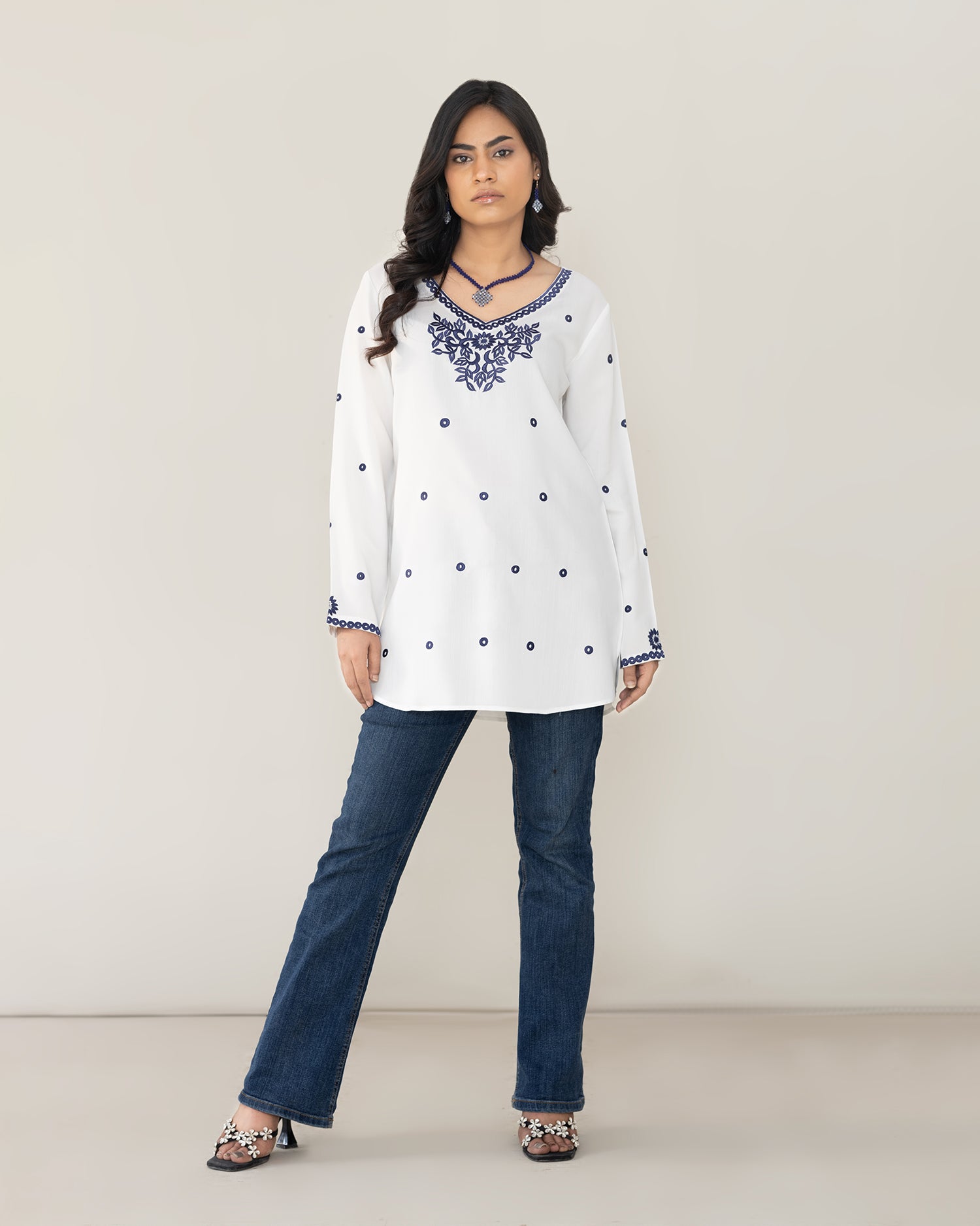 White Embroidered Long Sleeve Tunic Kurti for Women | Kurta Kurtii