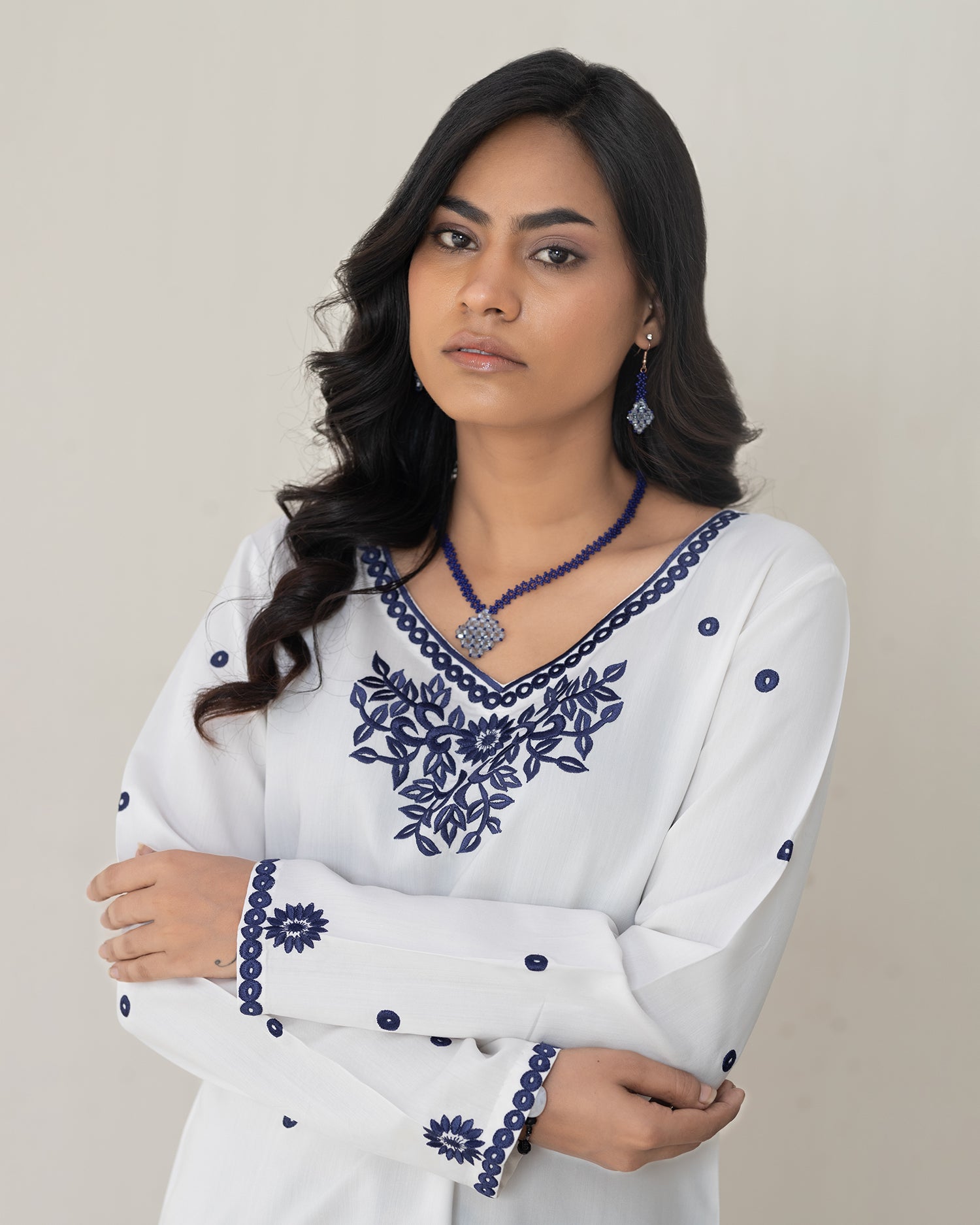 White Embroidered Long Sleeve Tunic Kurti for Women | Kurta Kurtii