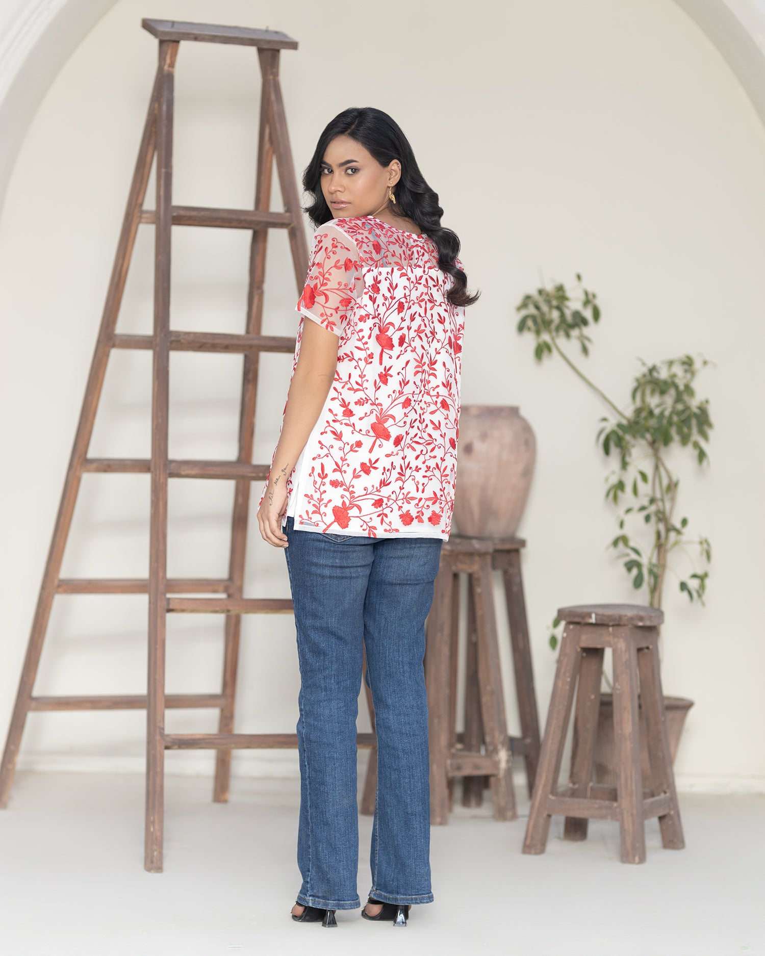 Chic Floral Embroidered Net Shirt in Red and White - Elegant Summer Wear