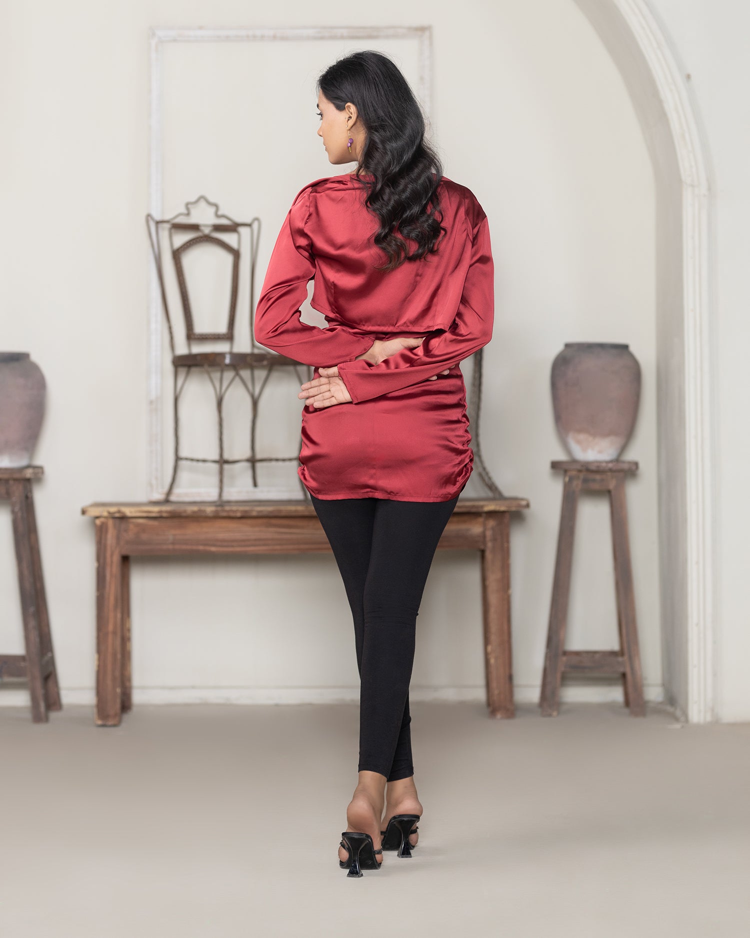 Chic Red Satin Blouse with Elegant Draping - Perfect for Evening Wear