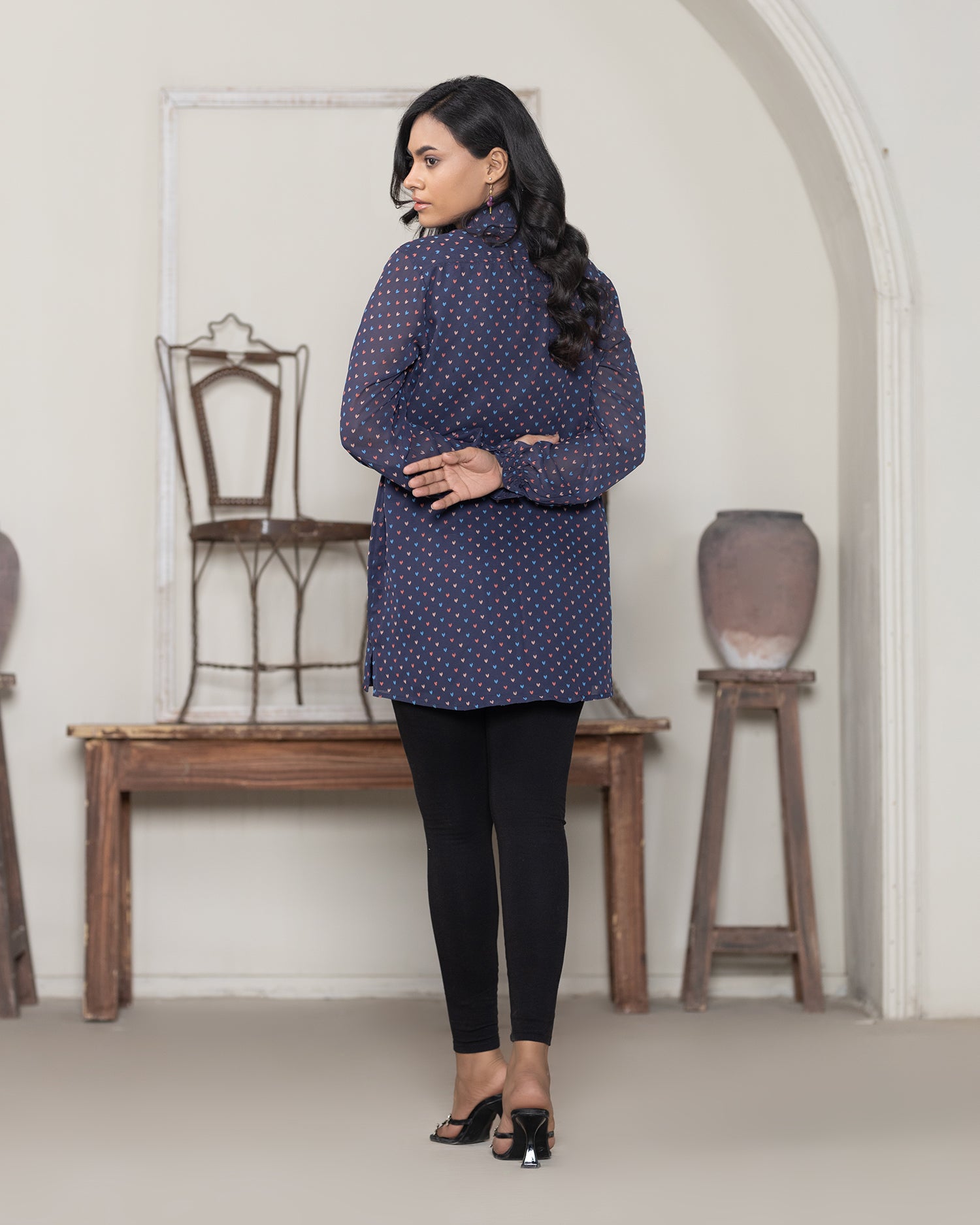 Chic Navy Blue Heart Print Shirt with Elegant Button Detail