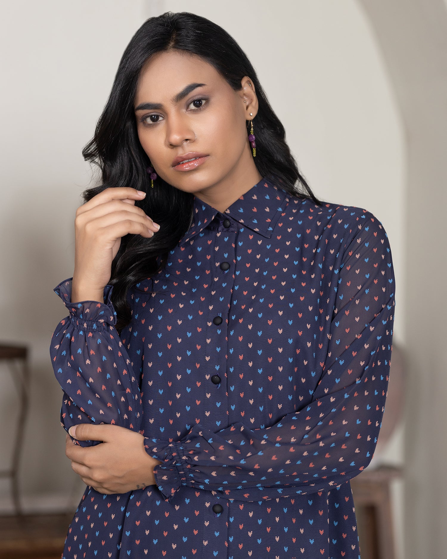 Chic Navy Blue Heart Print Shirt with Elegant Button Detail