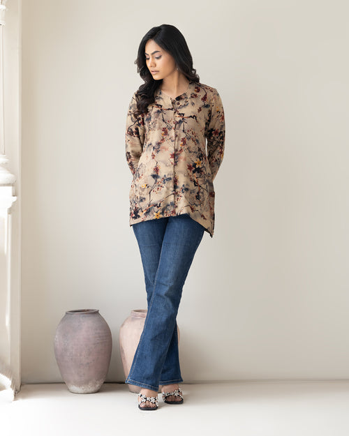 Chic Autumn Floral Print Long Sleeve Blouse for Women