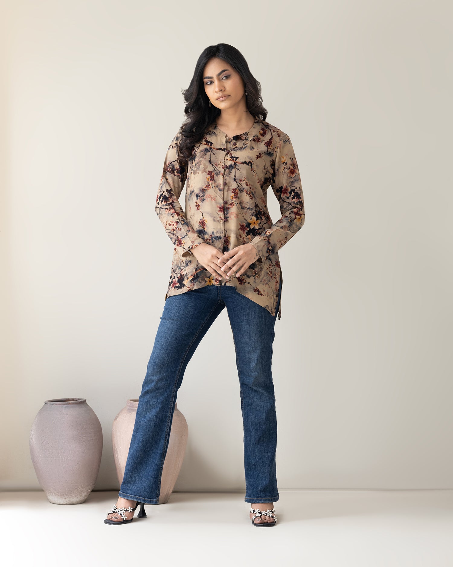 Chic Autumn Floral Print Long Sleeve Blouse for Women