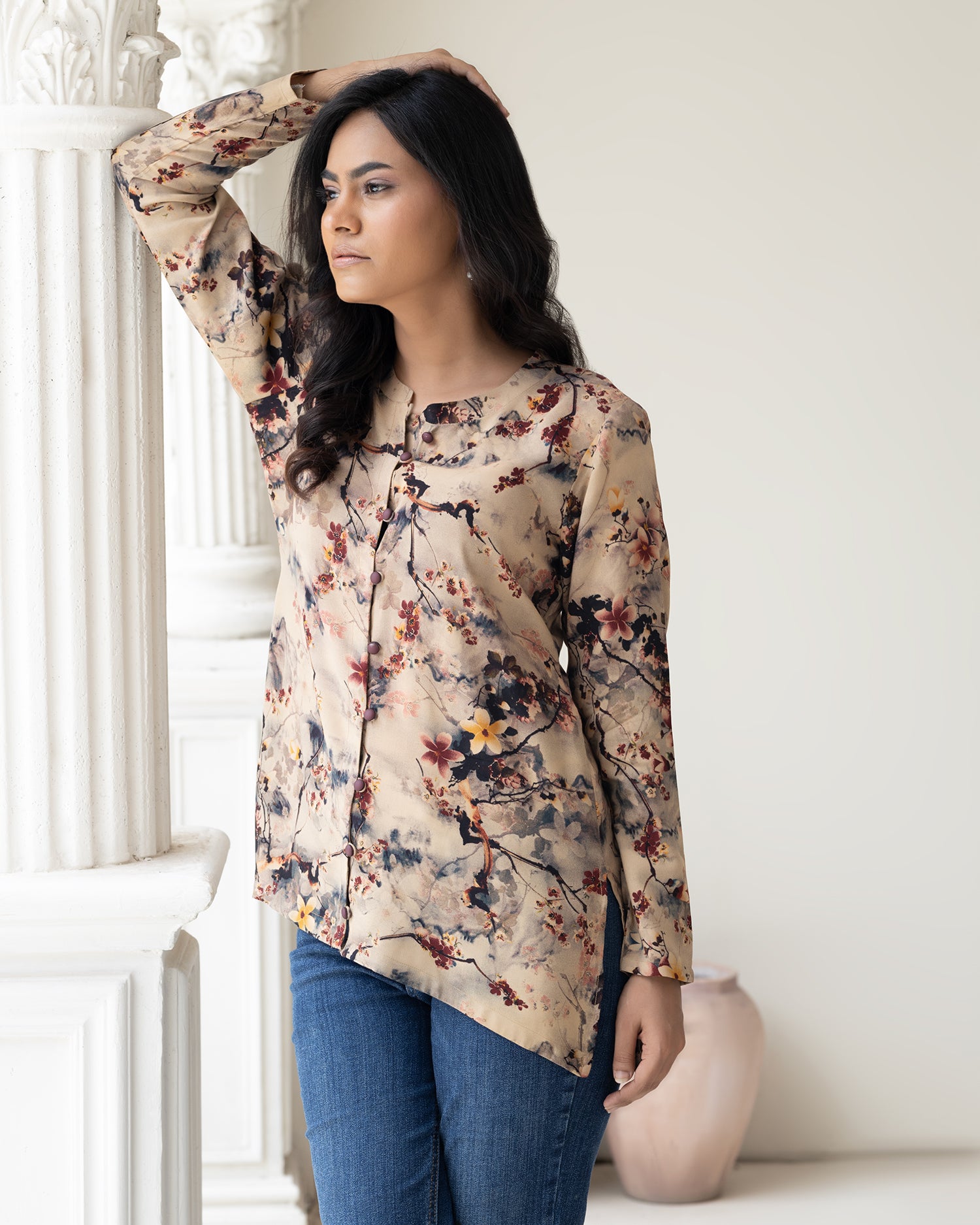 Chic Autumn Floral Print Long Sleeve Blouse for Women