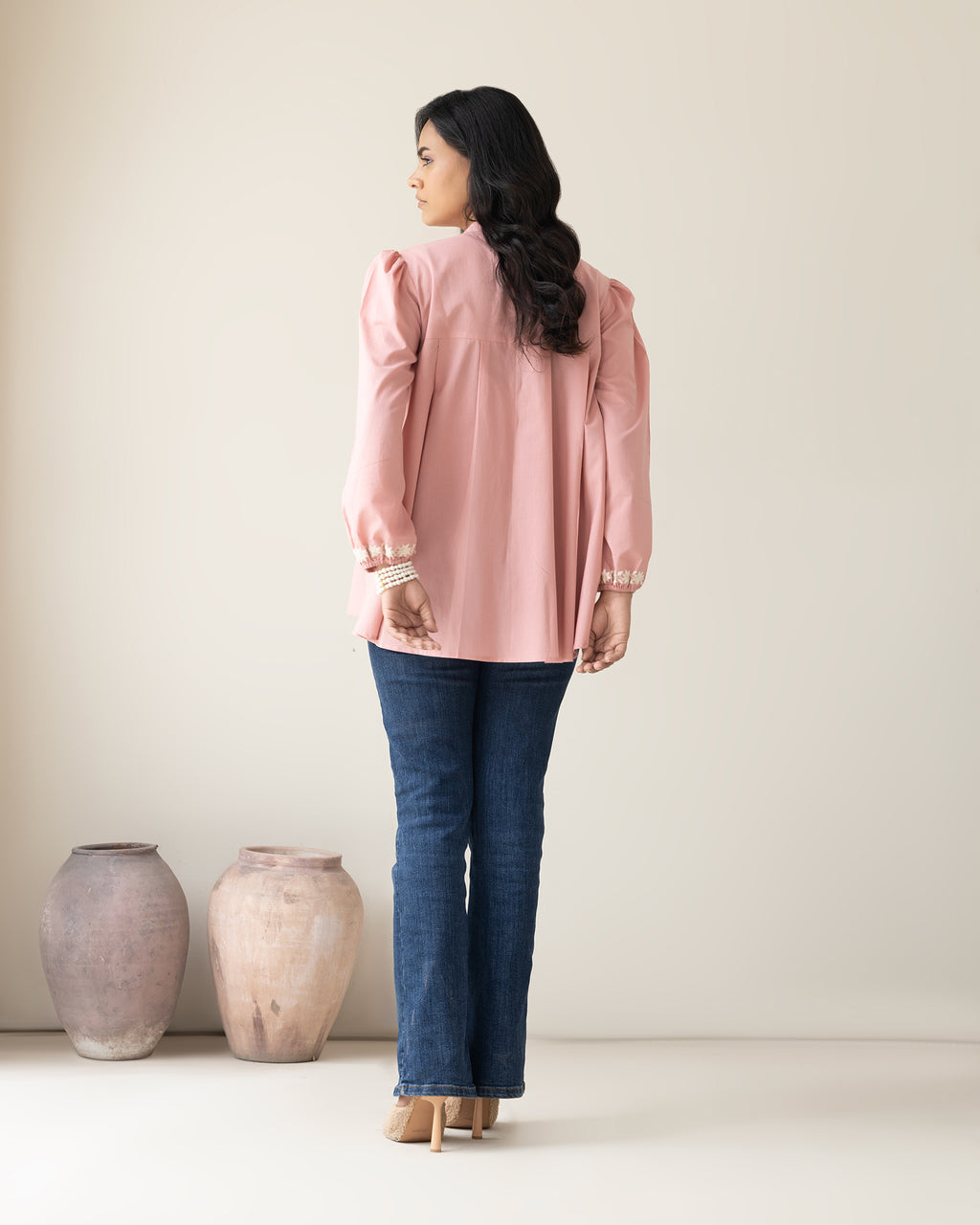 Elegant Pink Embroidered Puff Sleeve Women's Shirt - Casual & Chic