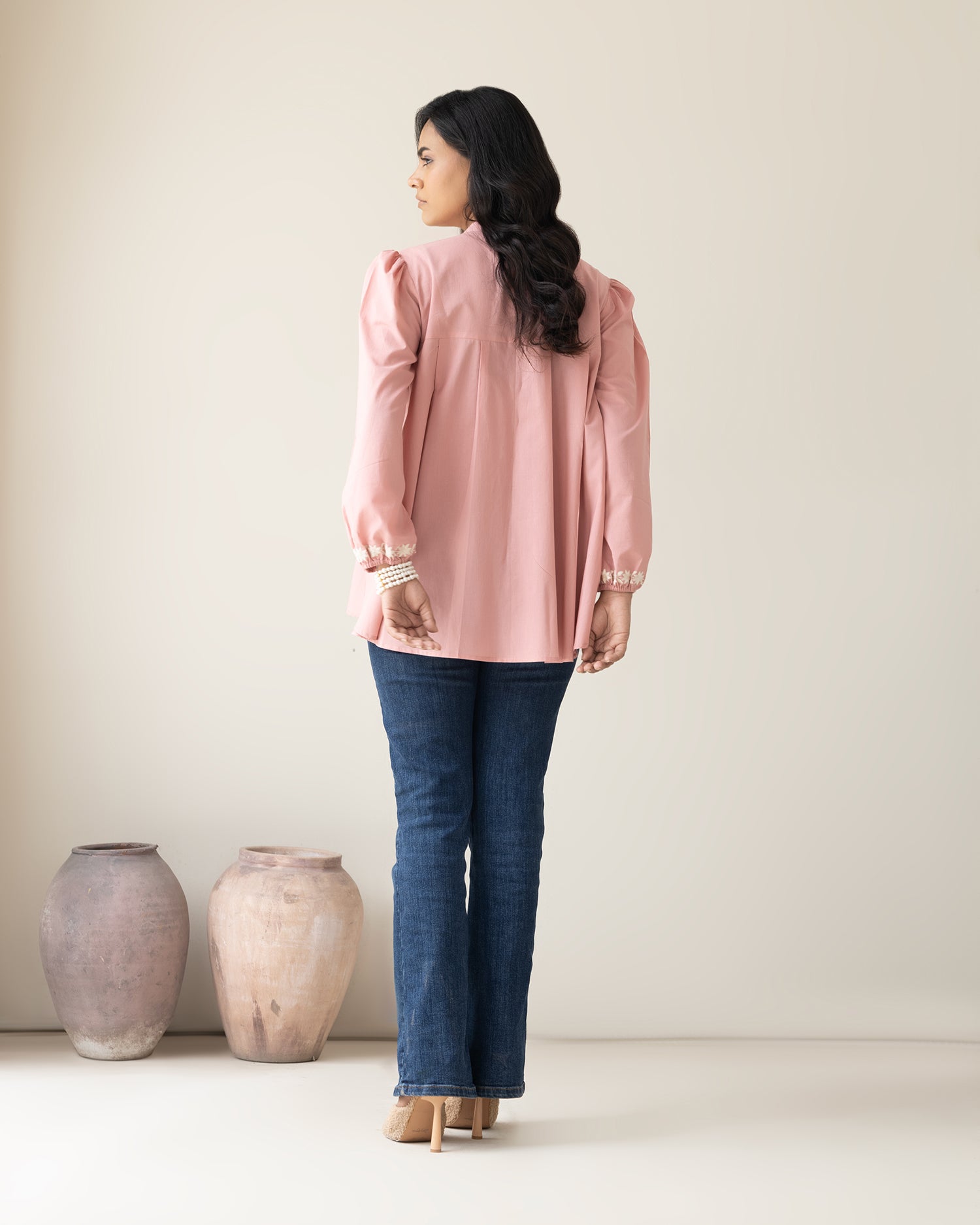 Elegant Pink Embroidered Puff Sleeve Women's Shirt - Casual & Chic