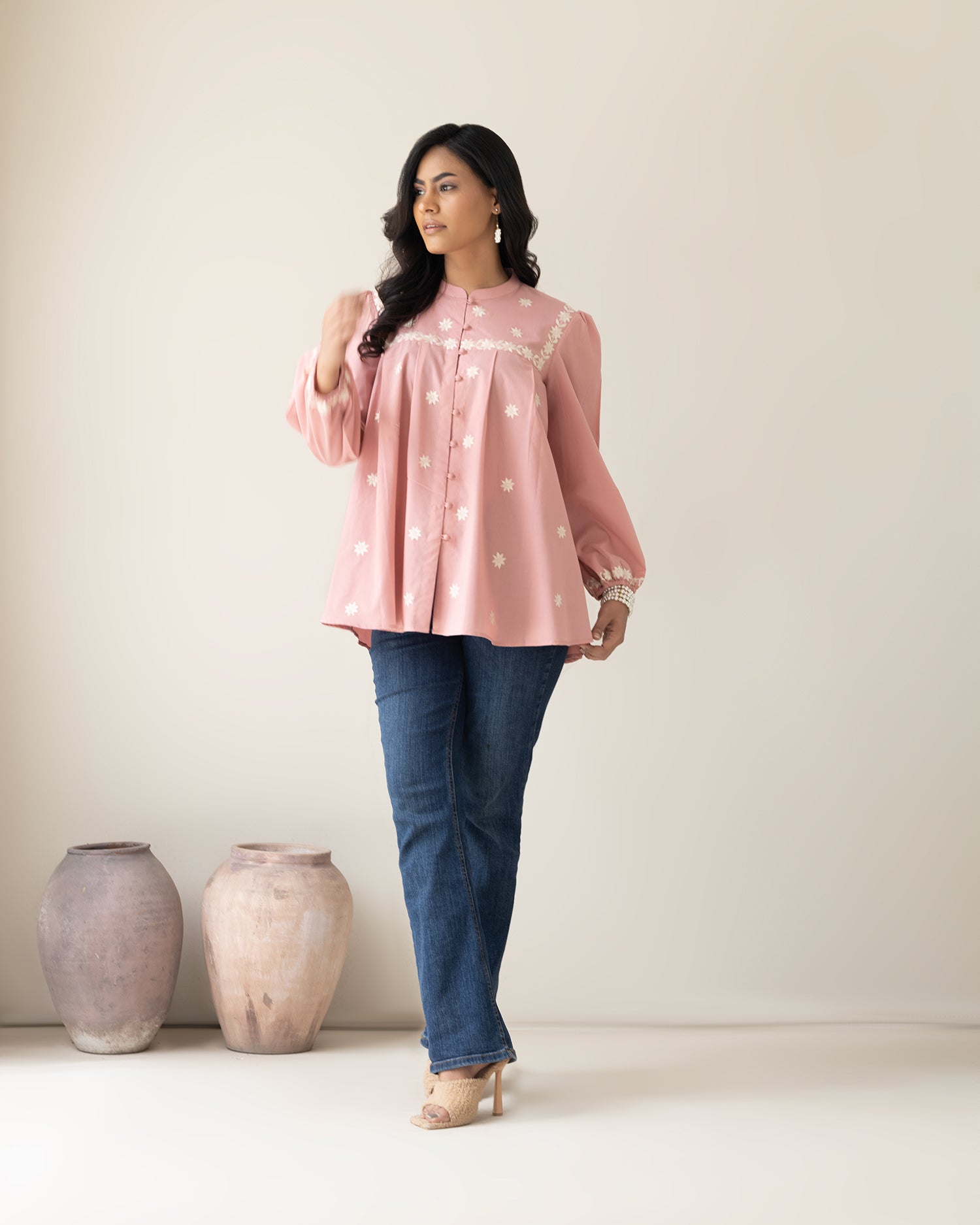 Elegant Pink Embroidered Puff Sleeve Women's Shirt - Casual & Chic