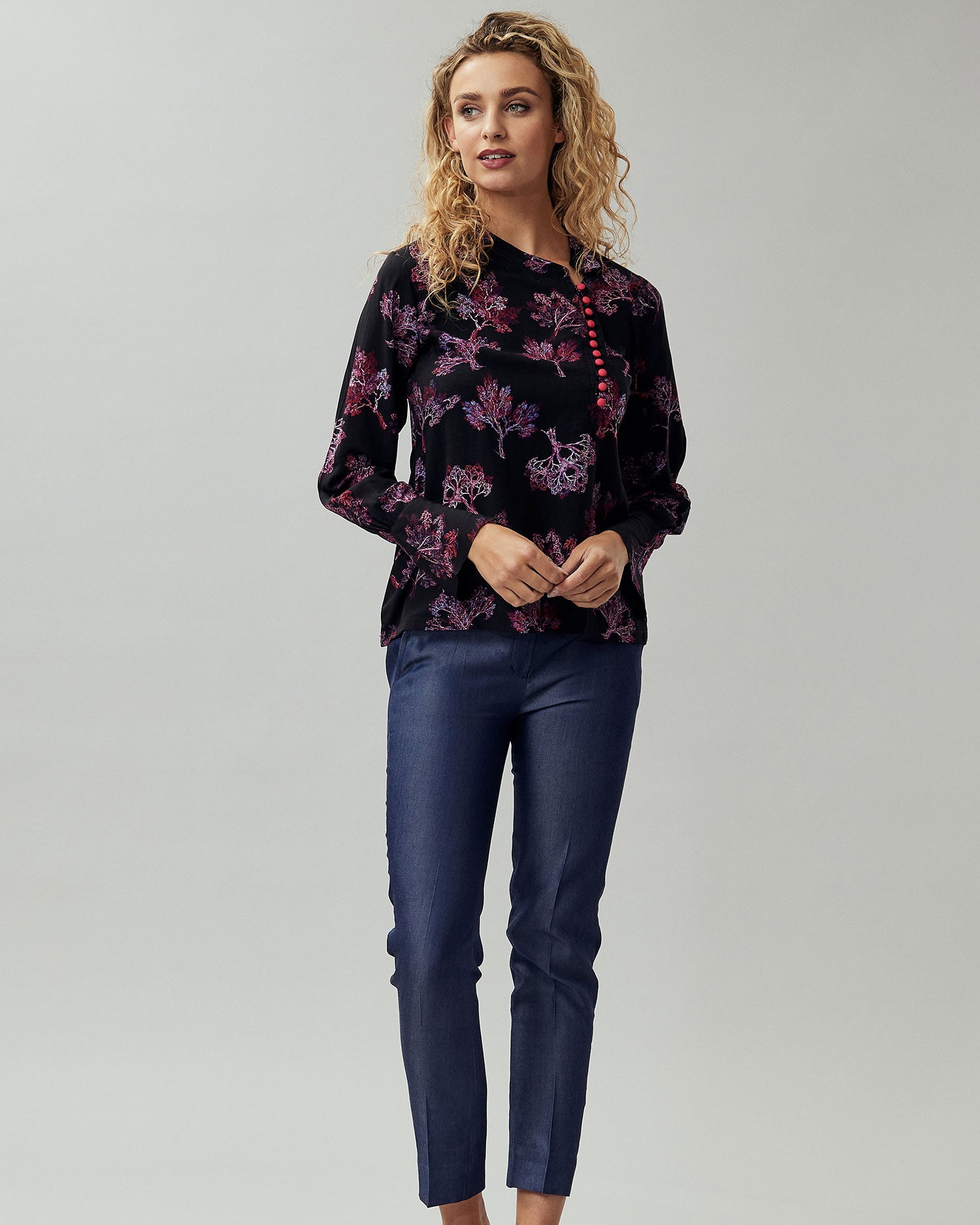 Pink & Black Floral Cotton Top With Unique Pink Button