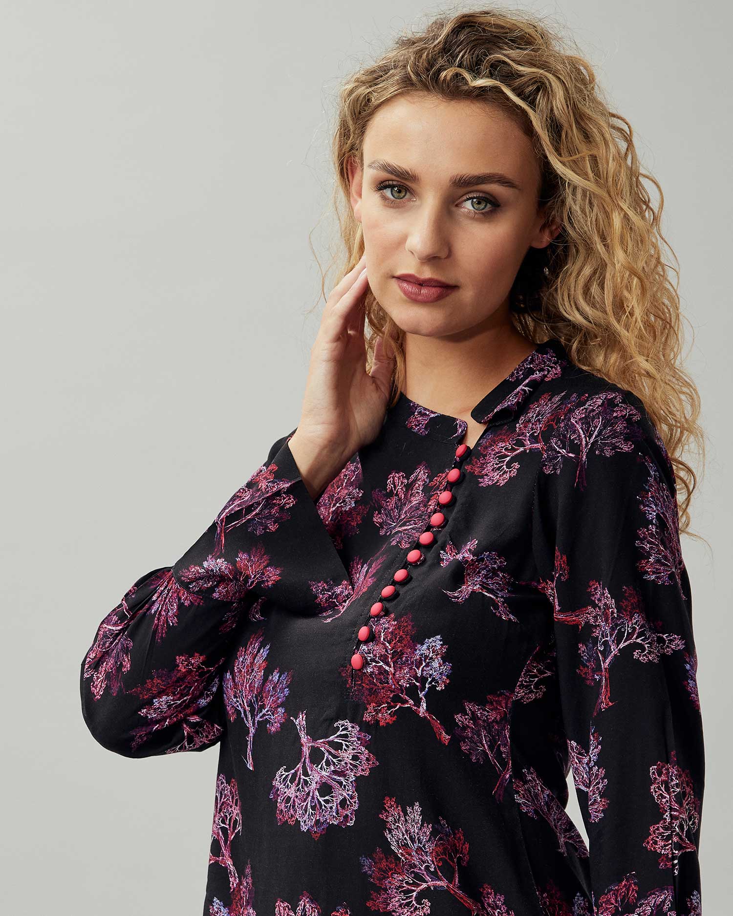 Pink & Black Floral Cotton Top With Unique Pink Button