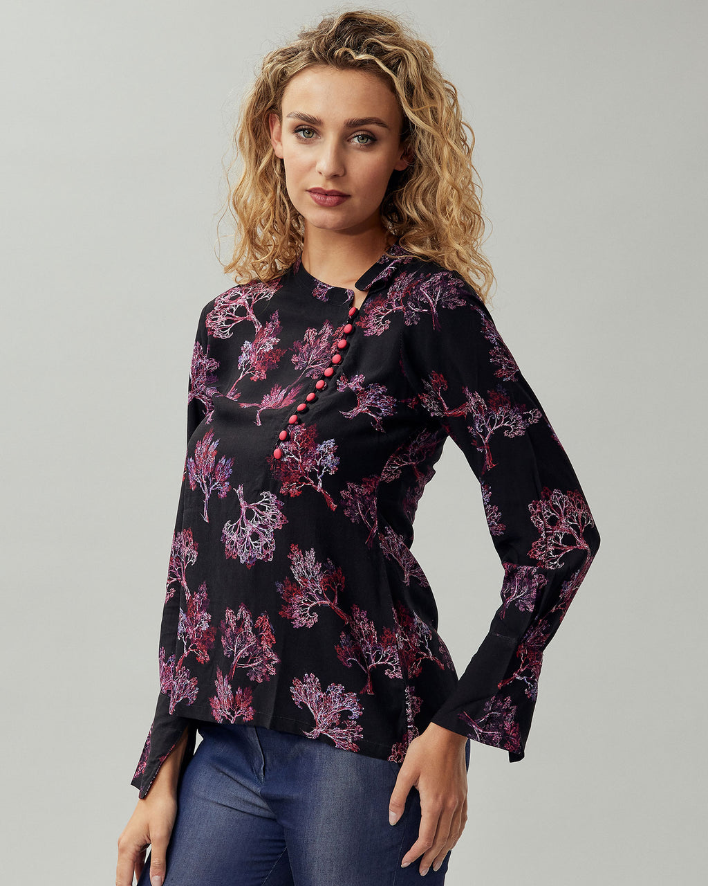 Pink & Black Floral Cotton Top With Unique Pink Button
