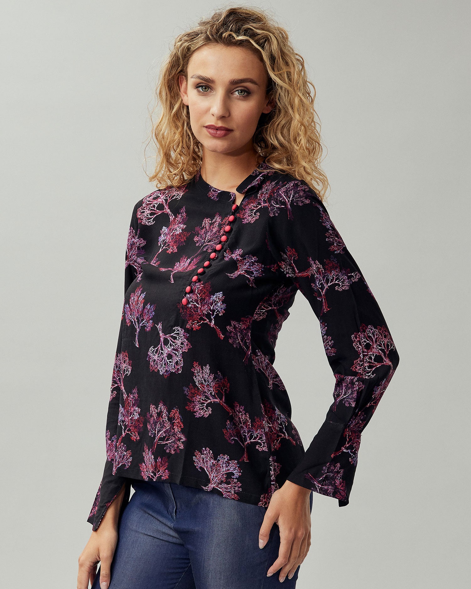 Pink & Black Floral Cotton Top With Unique Pink Button
