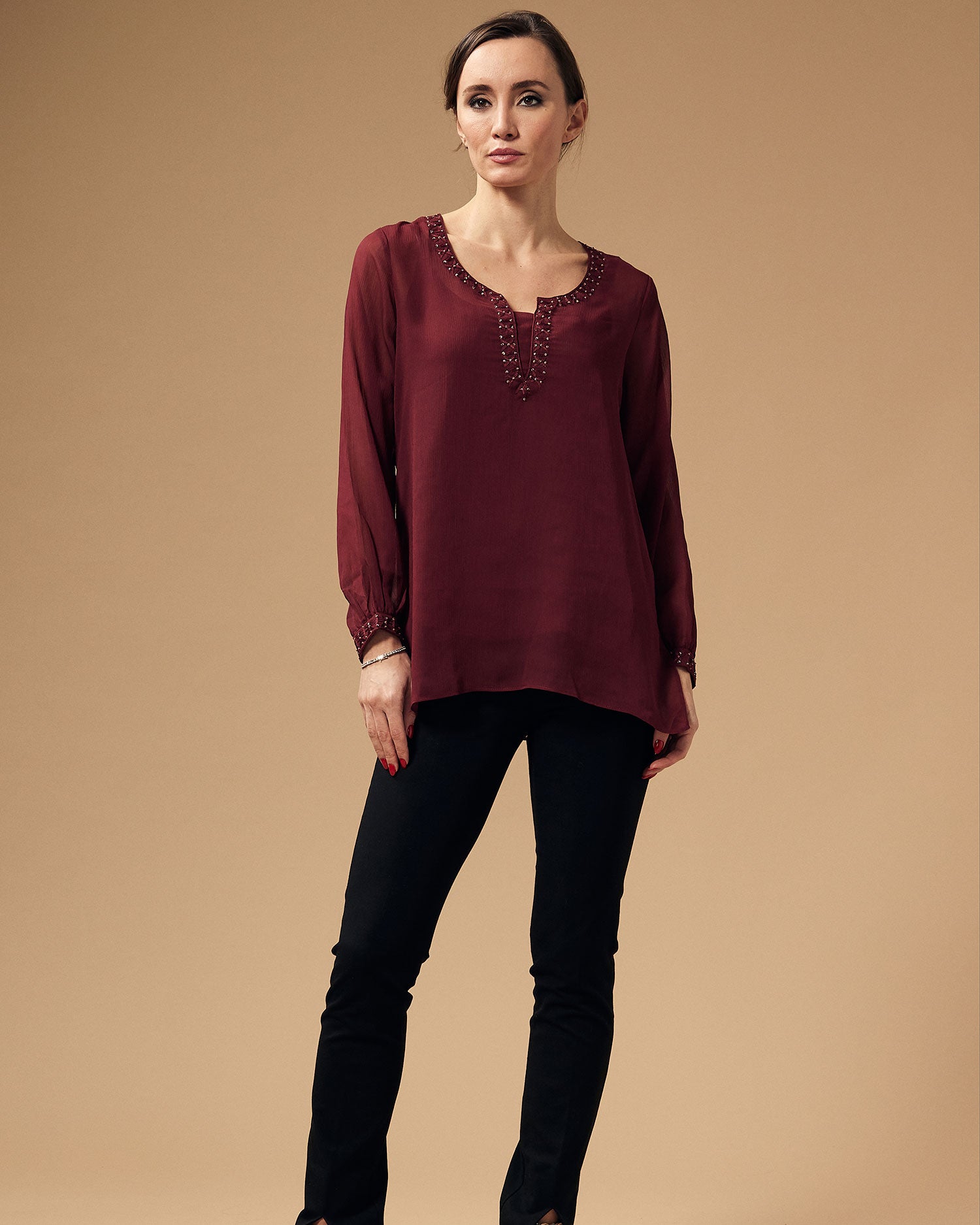 Stunning Maroon Chiffon Hand Embroided Sequin Work Long Sleeve Tunics