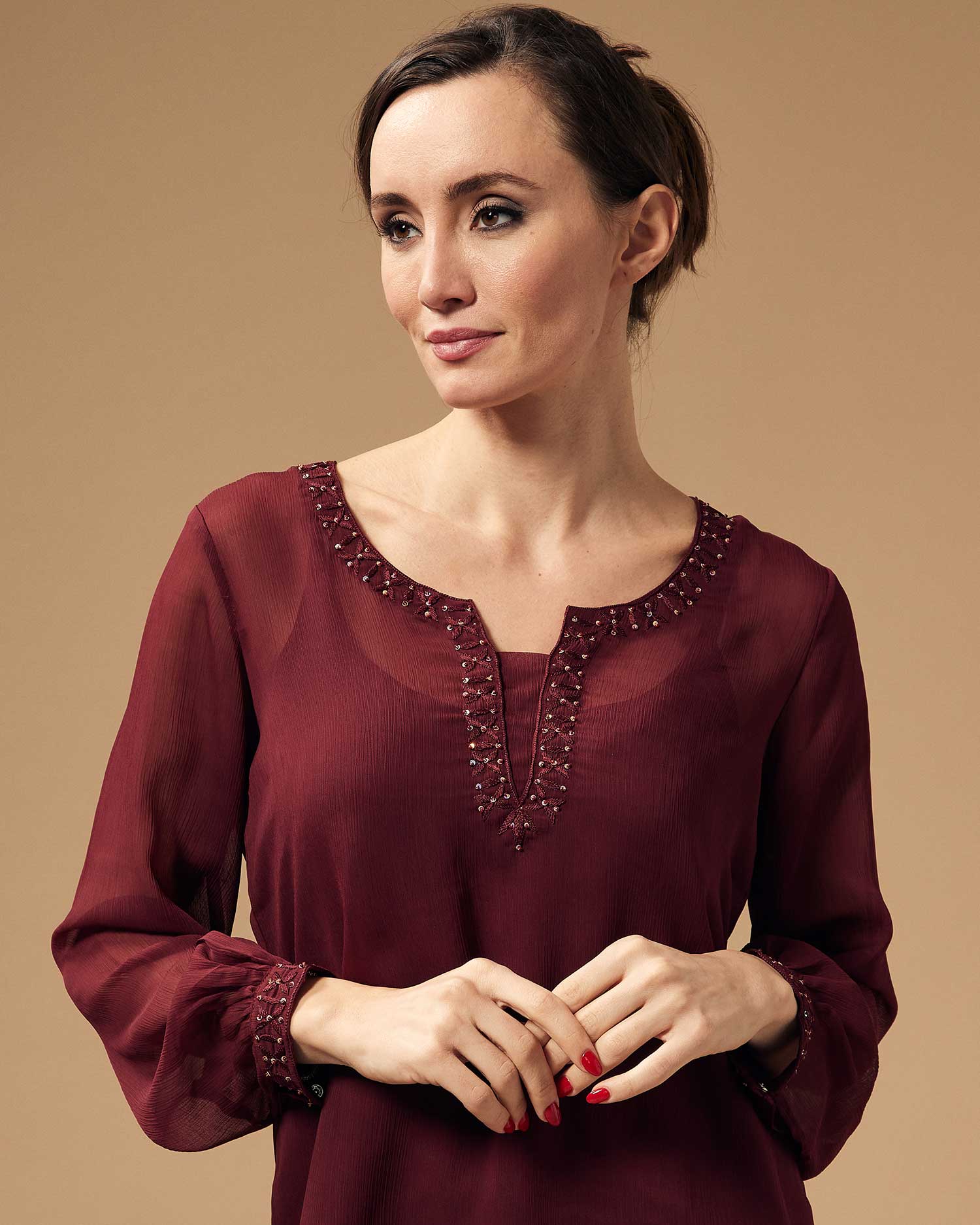 Stunning Maroon Chiffon Hand Embroided Sequin Work Long Sleeve Tunics