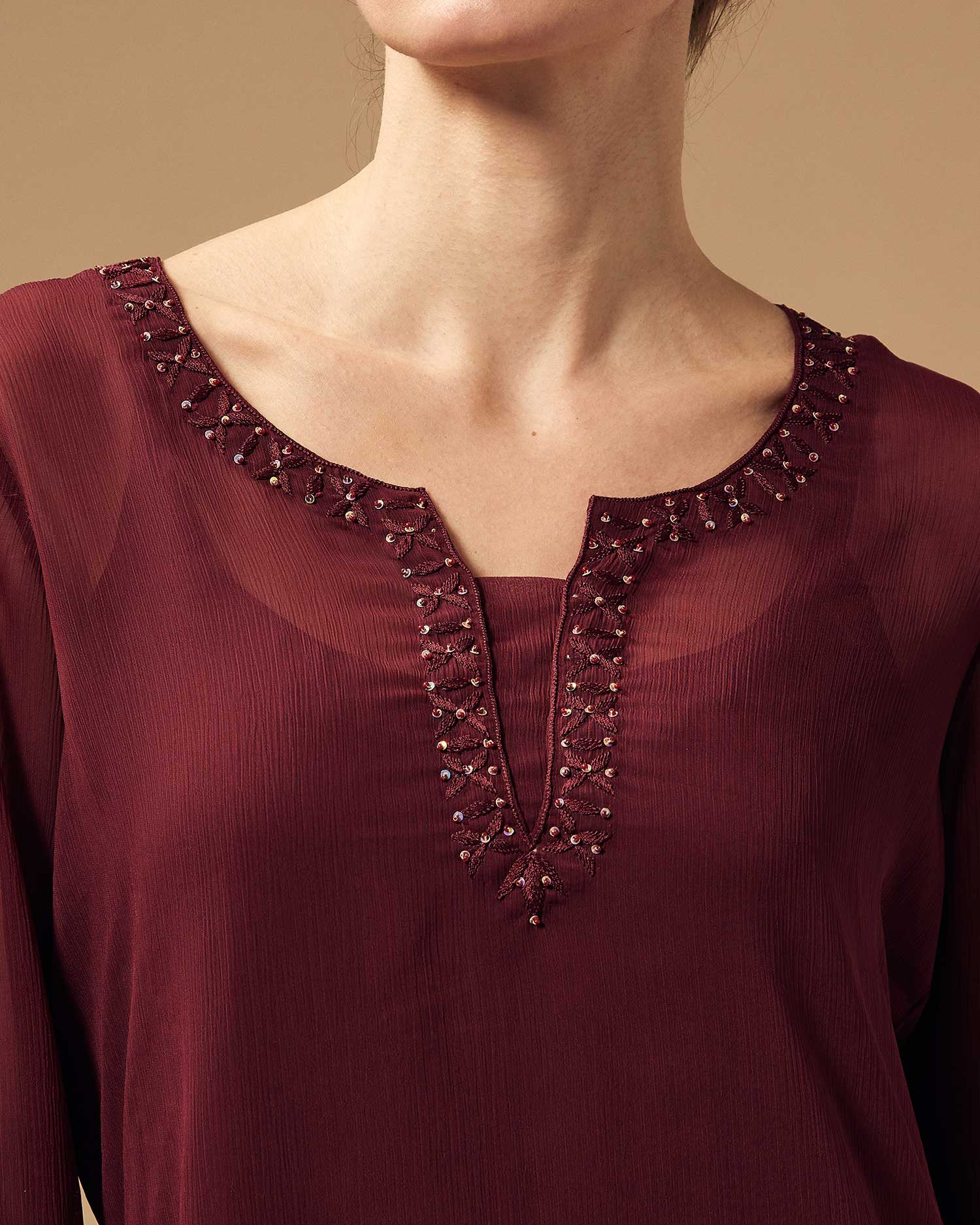 Stunning Maroon Chiffon Hand Embroided Sequin Work Long Sleeve Tunics