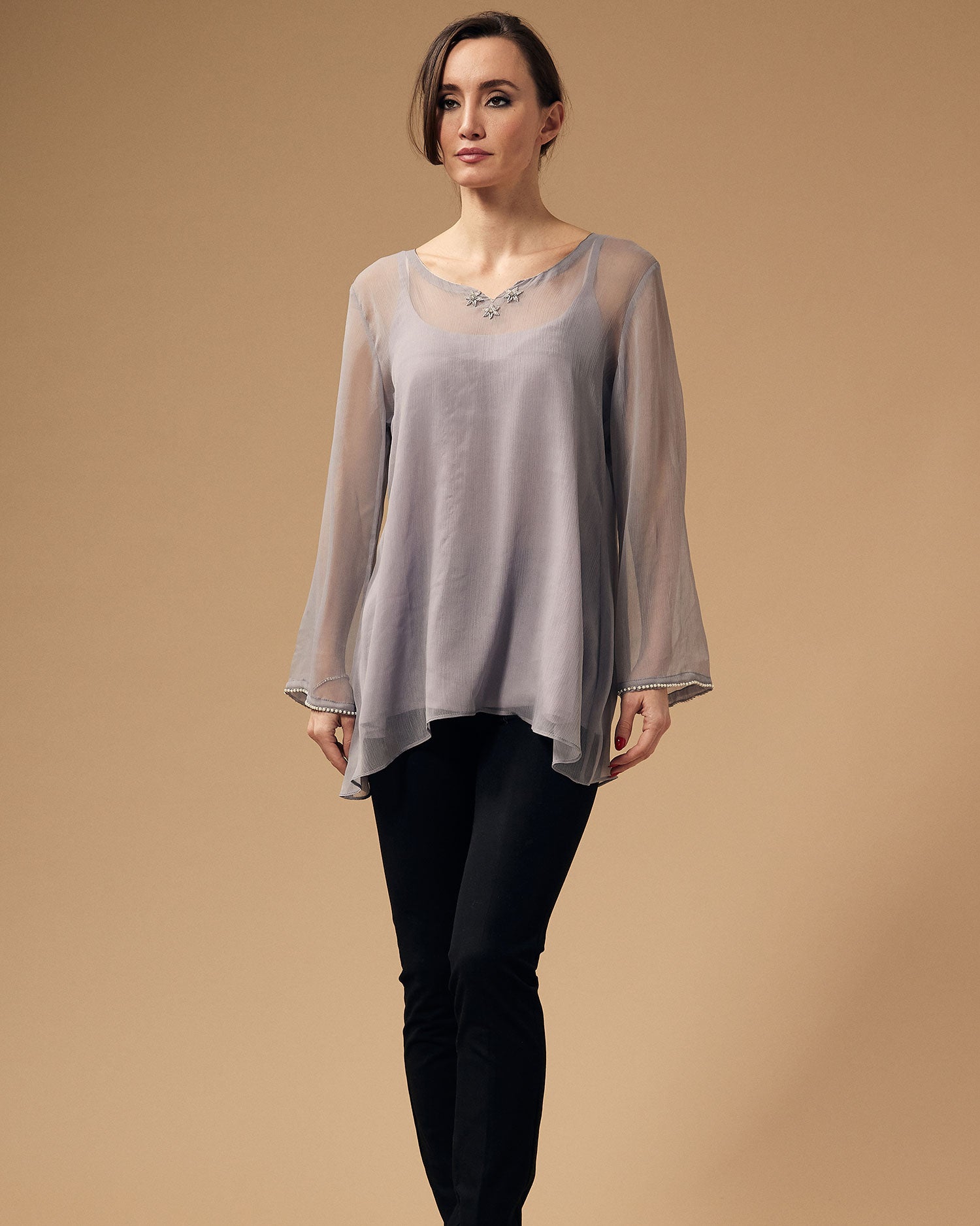 Front And Back Embroidered Grey Chiffon Tunic