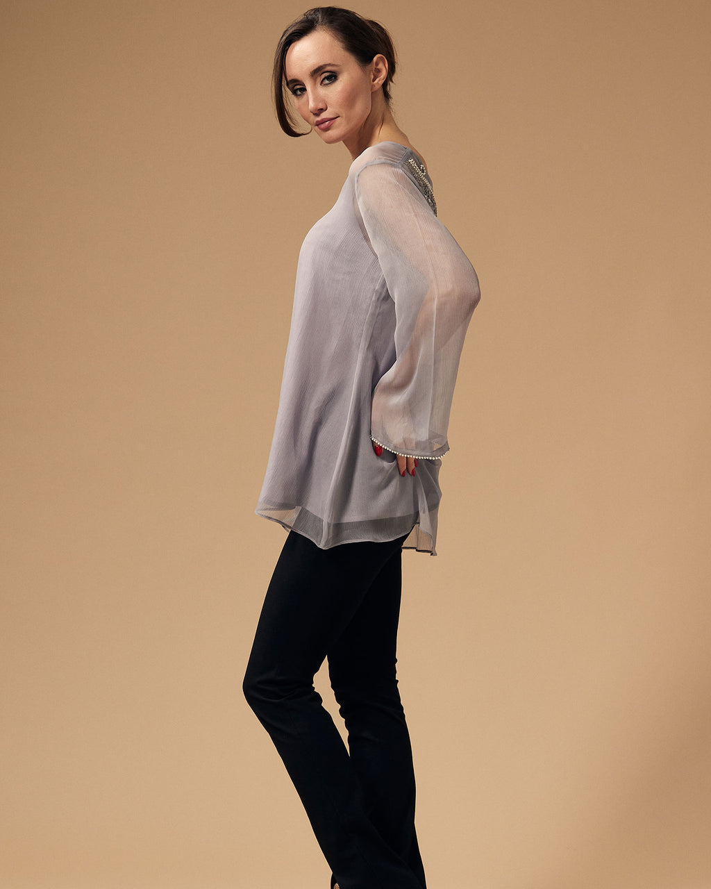 Front And Back Embroidered Grey Chiffon Tunic