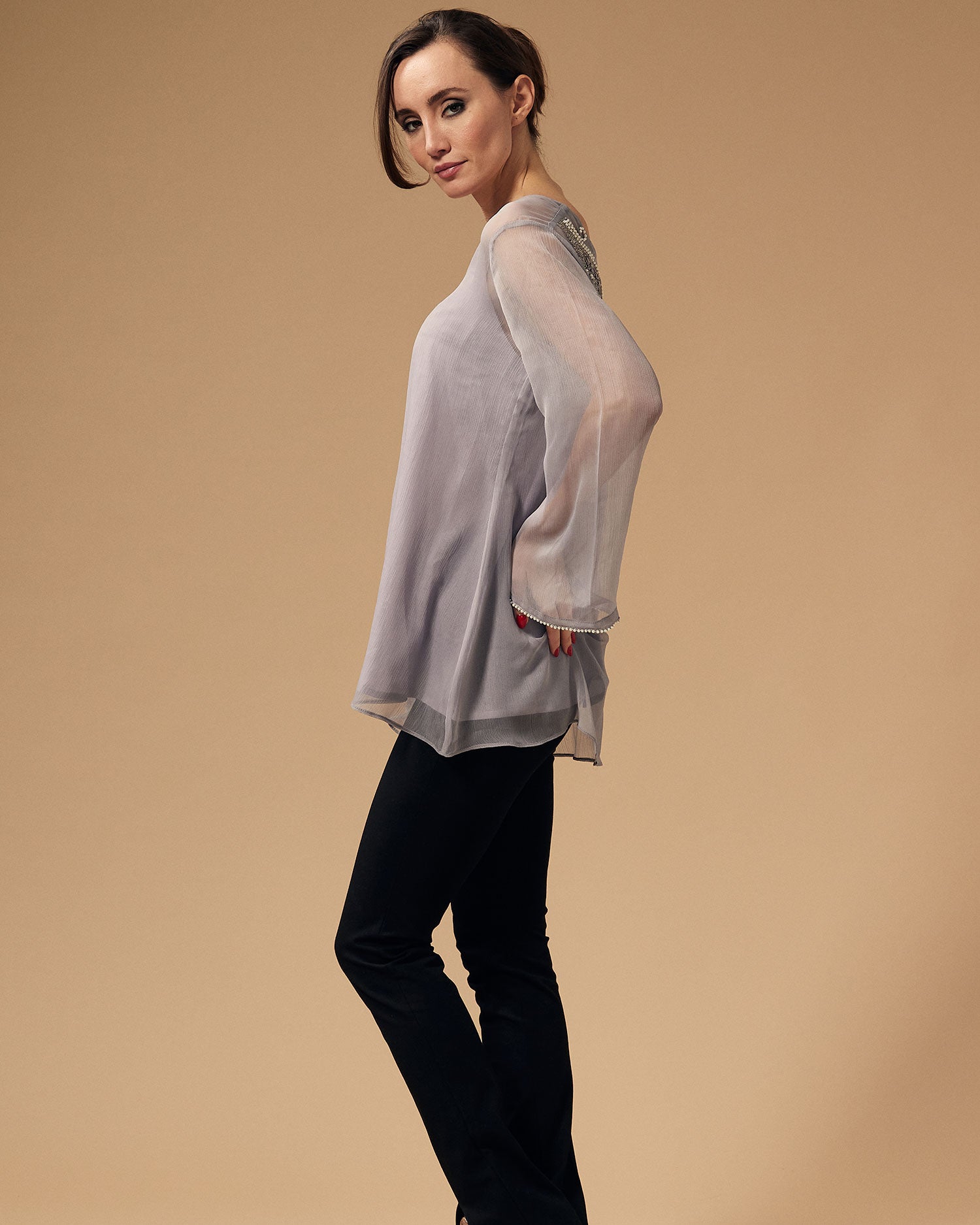 Front And Back Embroidered Grey Chiffon Tunic