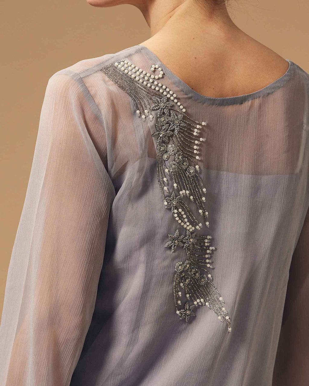 Front And Back Embroidered Grey Chiffon Tunic
