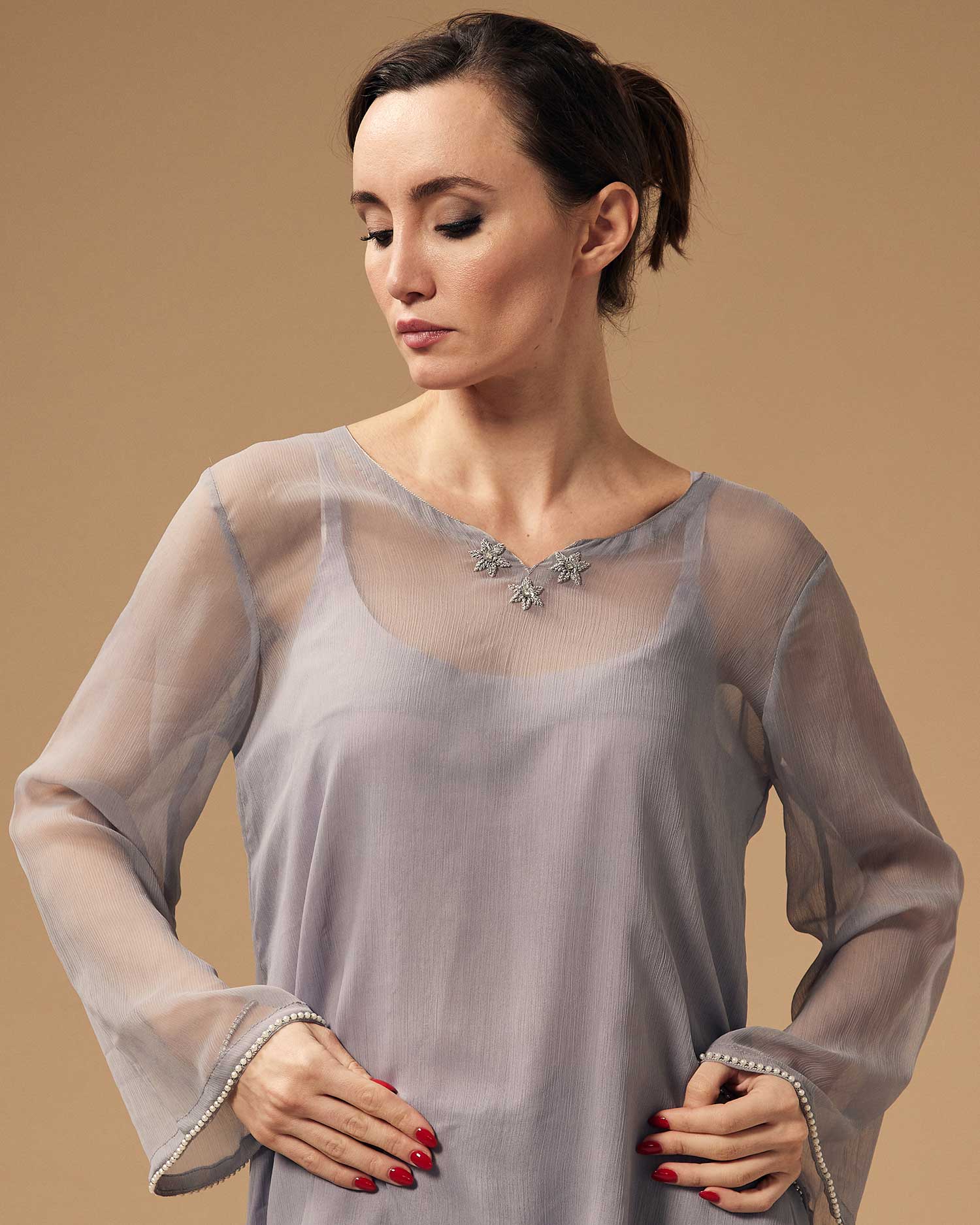 Front And Back Embroidered Grey Chiffon Tunic