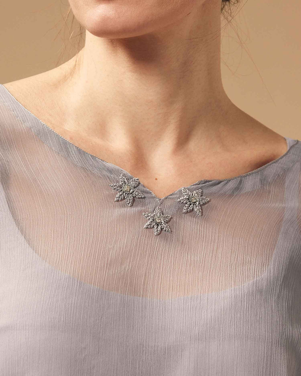 Front And Back Embroidered Grey Chiffon Tunic