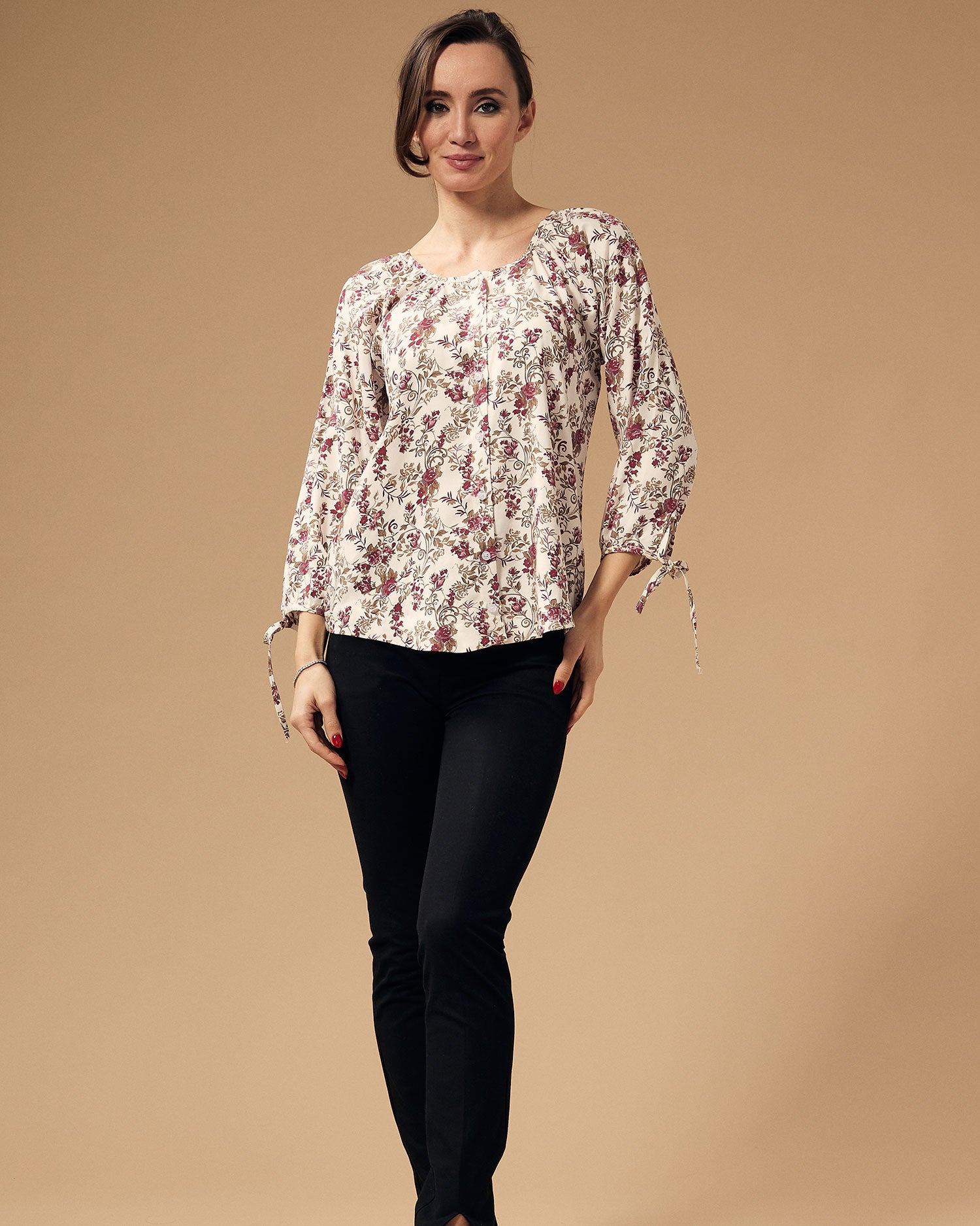 Front Open Tie Sleeves Cotton Floral Printed Top