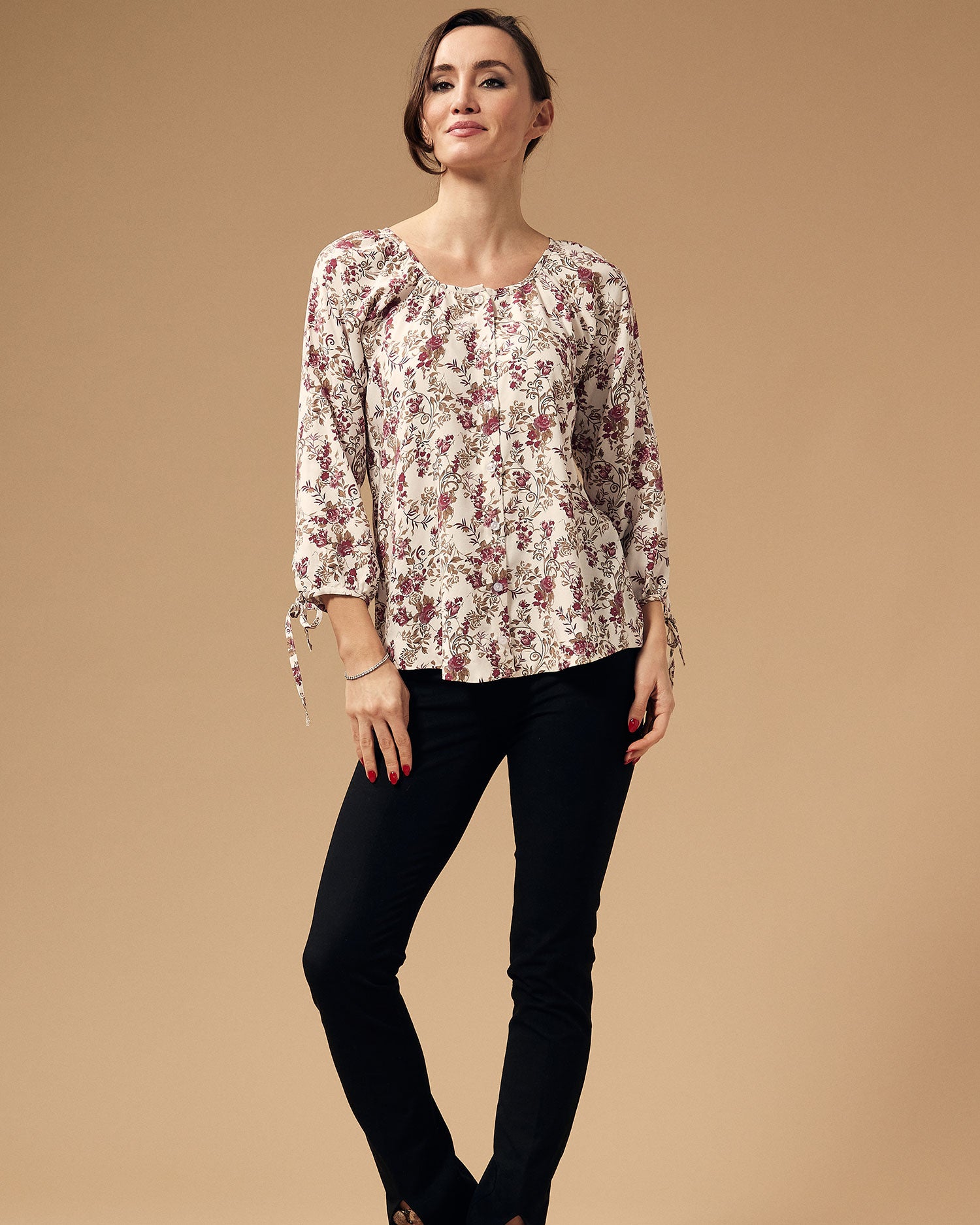 Front Open Tie Sleeves Cotton Floral Printed Top