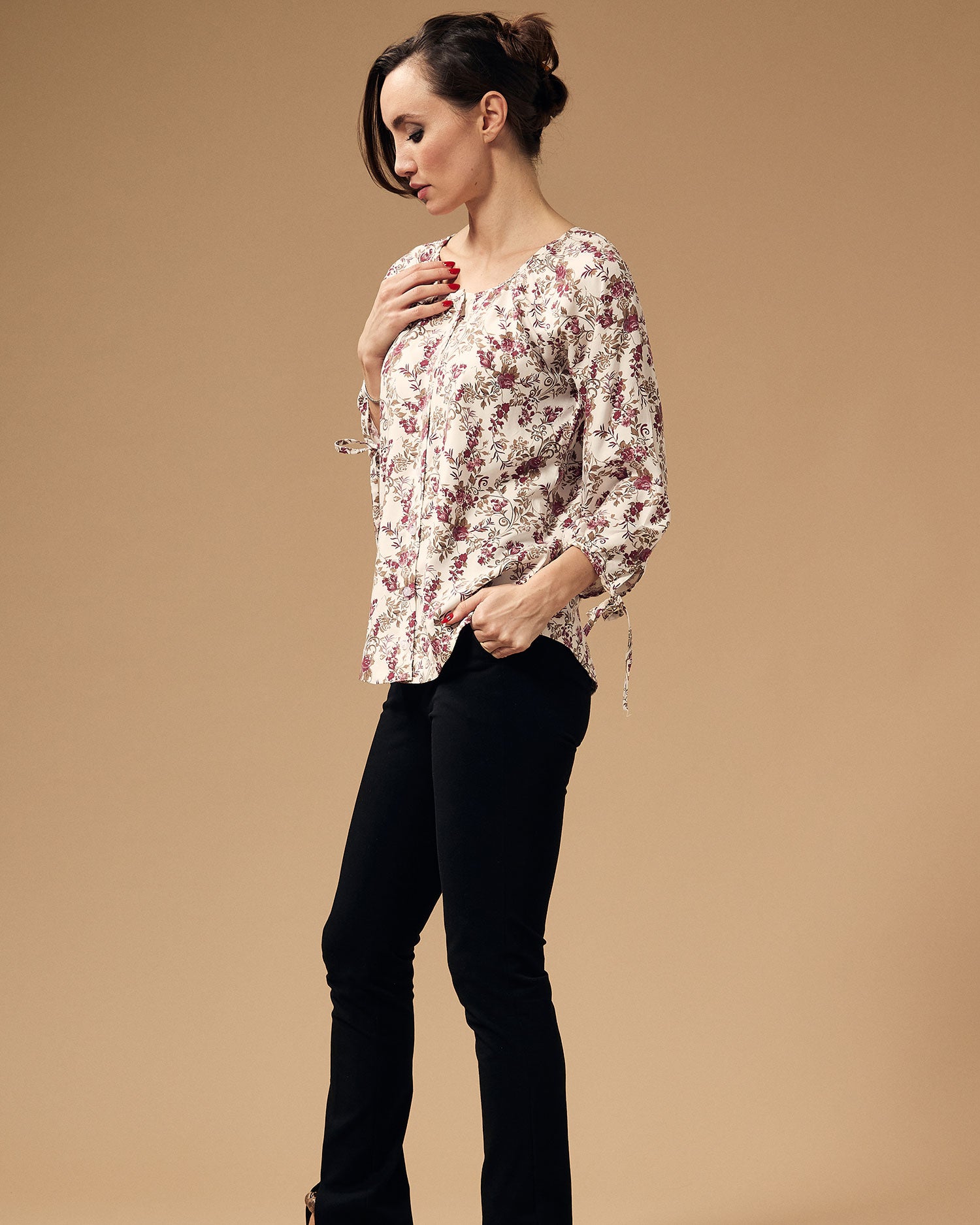 Front Open Tie Sleeves Cotton Floral Printed Top